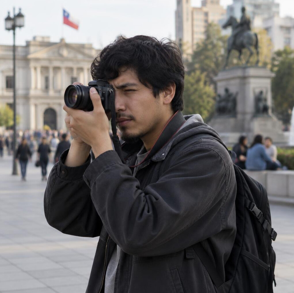 Street photographer holding a camera in a city plaza