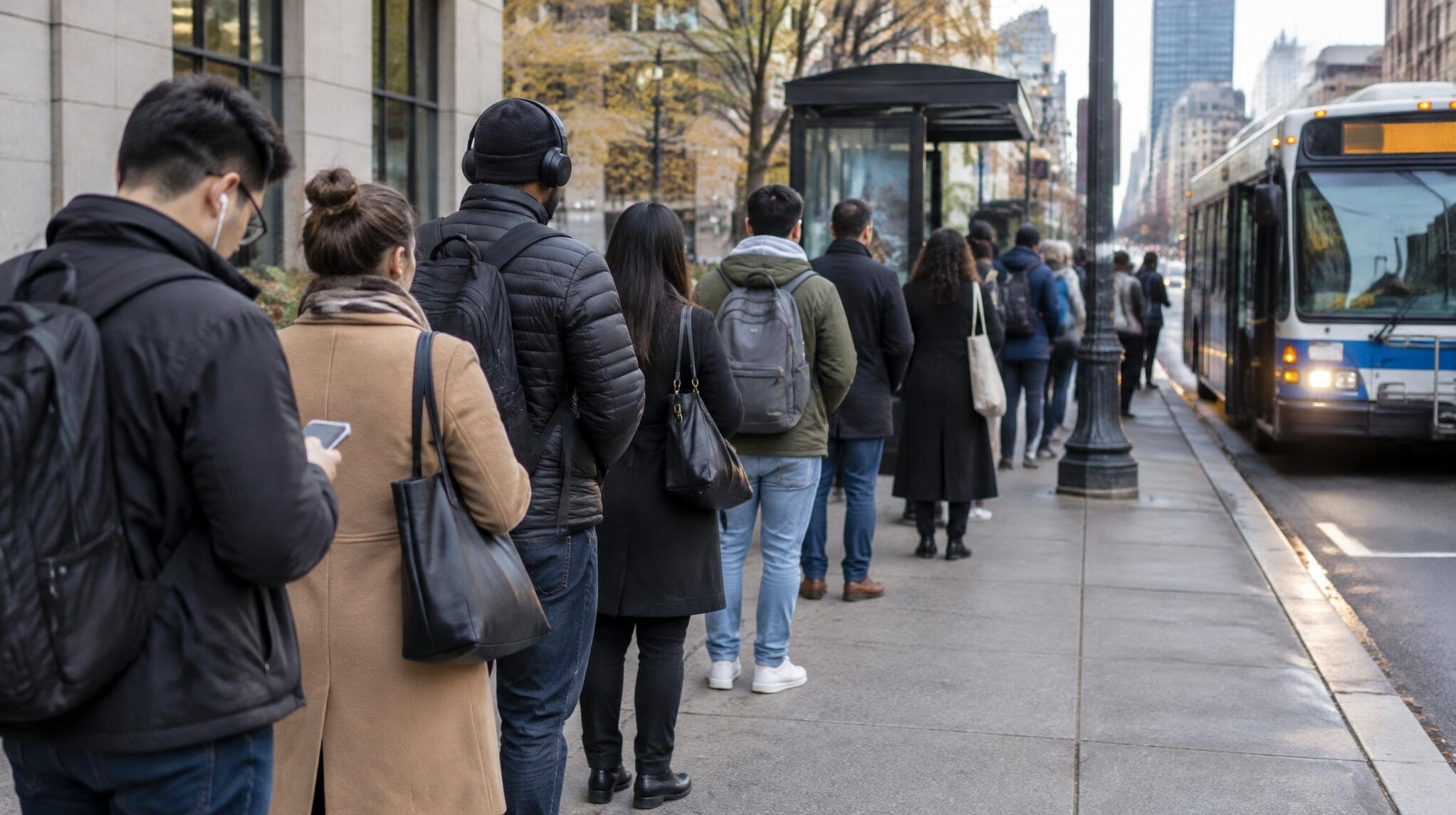 people waiting in queue on city street